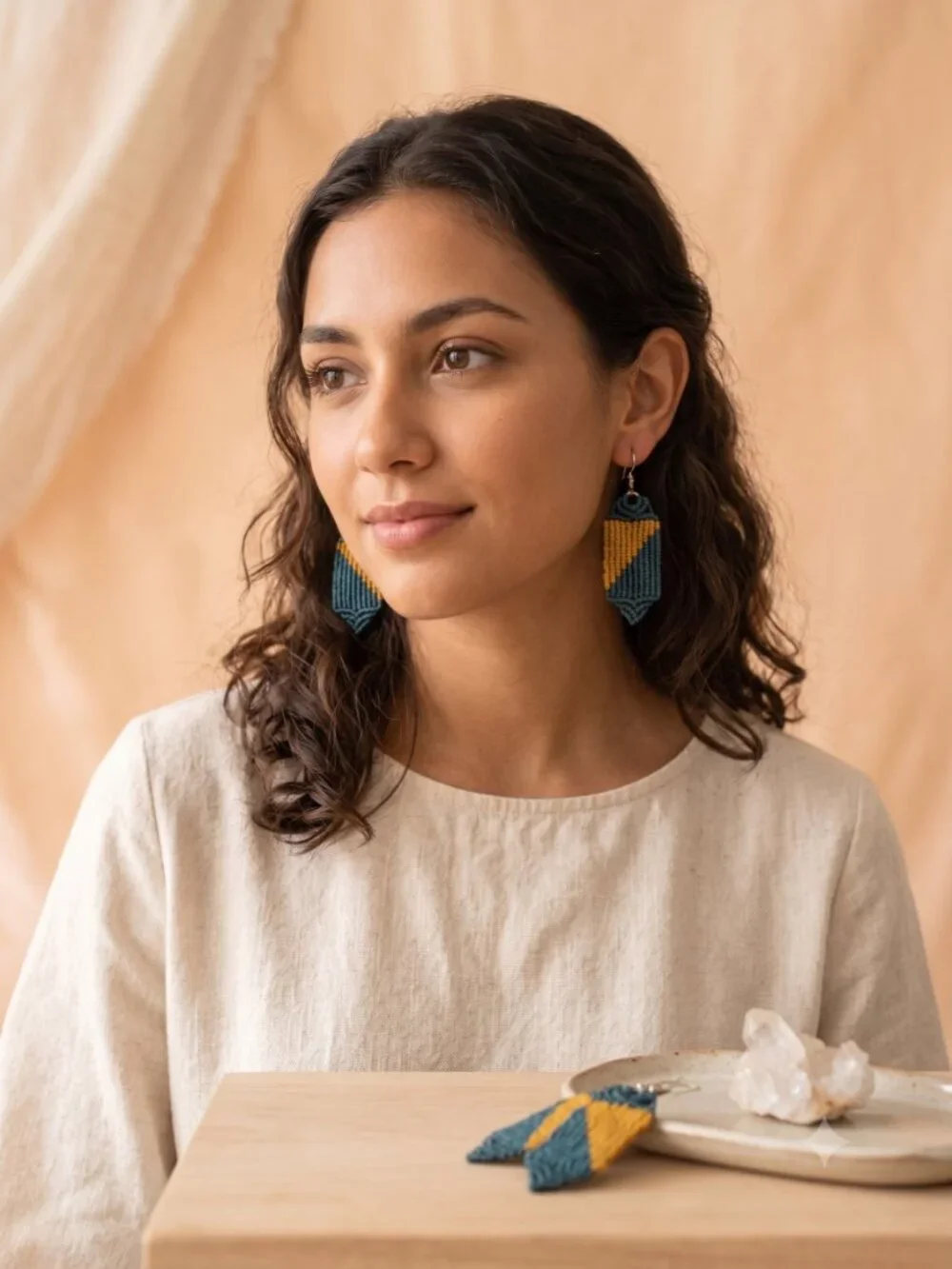 Teal Mustard Macrame Dangle Earrings